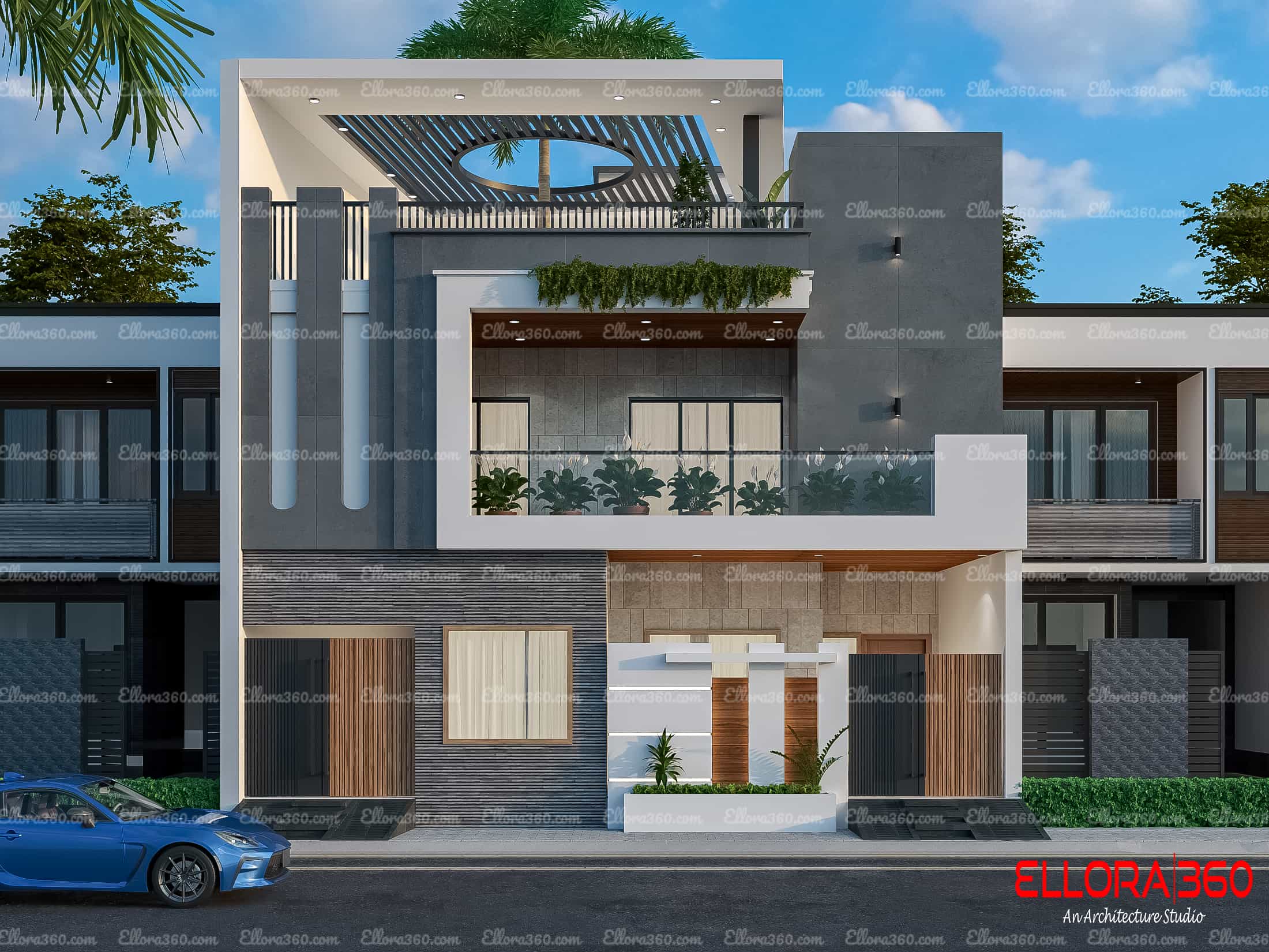 Elegant exterior of modern house with beautiful pargola and roof cutout for plant.